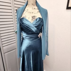 Teal formal dress with shall